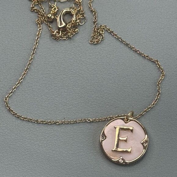 Gold Tone Initial " E " Rhinestone Medallion Pendant Necklace - Picture 5 of 7